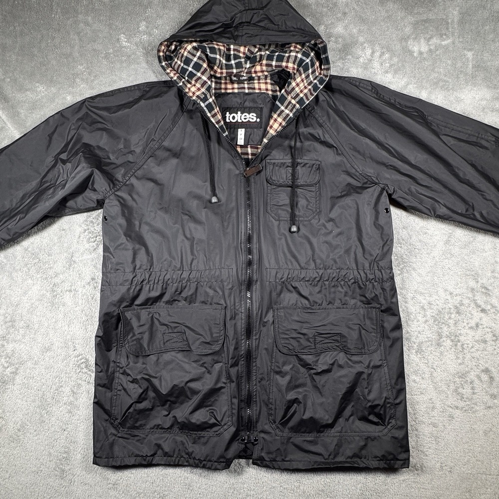Totes Women's Rain Jacket Hooded Plaid Lined Drawstring Coat Black‎ Small